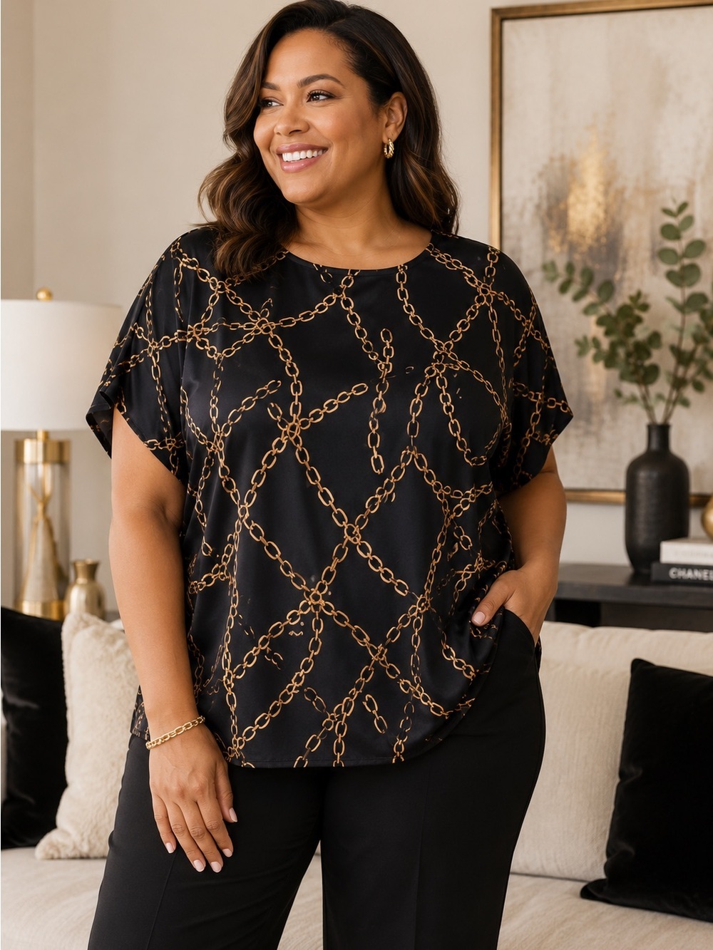 Anne Klein Plus Size Chain Print Dolman Top Size 3X NWT Black Gold Blouse